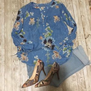 Ann Taylor floral button down peasant blouse xxsp